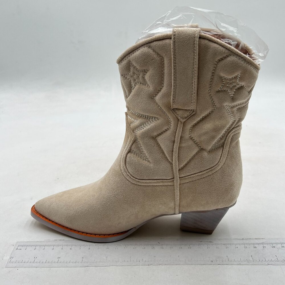 Nude Suede Women Square Toe Comfort Kitten Low Heel Ankle Boot Pull On Bootie